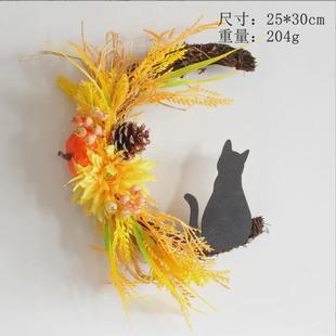 饰品批发 万圣节新月圈花环家居挂饰仿真植物假花枯枝藤猫咪节日装