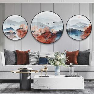 现代客厅装饰画新中式沙发背景墙圆形创意壁画大气山氺三联画挂画