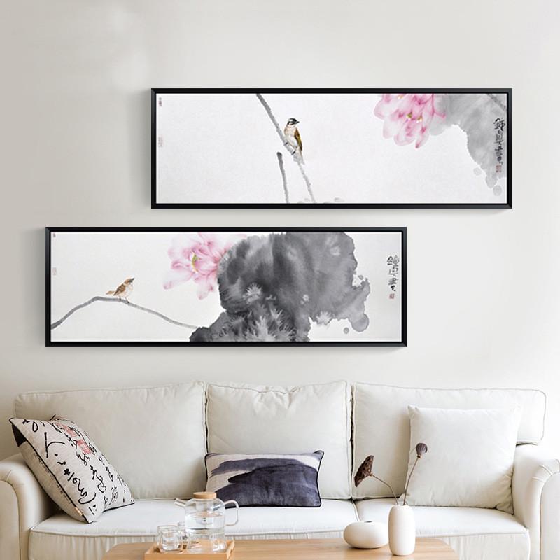 新中式水墨荷花客厅装饰画卧室床头挂画工笔花鸟国画餐厅墙壁画图片