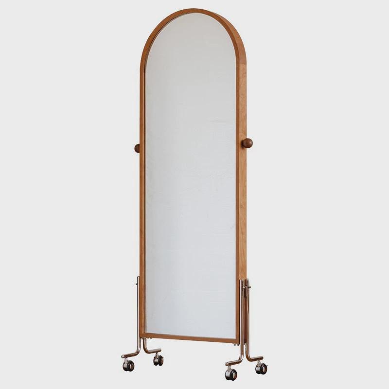 樱桃木杂志镜可移动穿衣镜实木落地全身试衣镜家用收纳架子