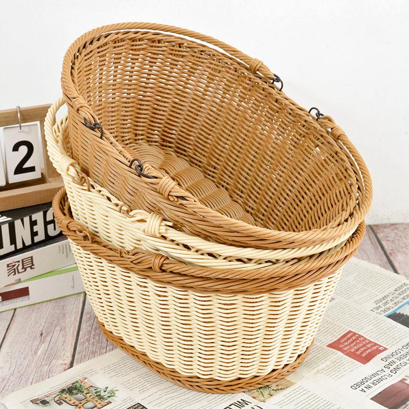 仿藤手工编织收纳篮户外水果采摘手提篮铁线圈加固收纳藤编野餐篮