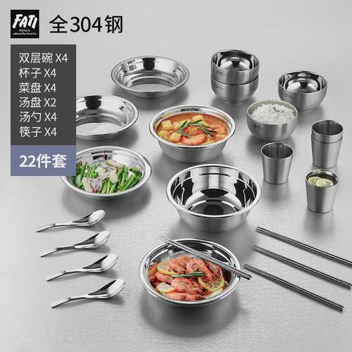 不锈钢餐具露营户外碗盘套装家用厨房碗碟盘子碗筷勺汤盆组合