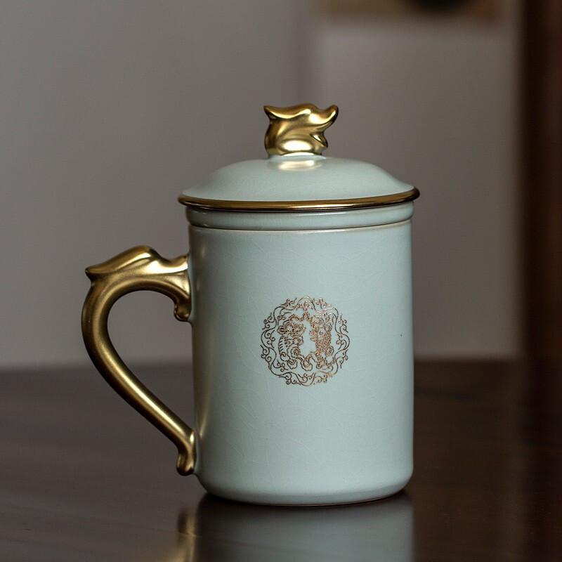 汝窑办公杯个人陶瓷泡茶带盖过滤老板杯商务会议礼品茶杯子印logo
