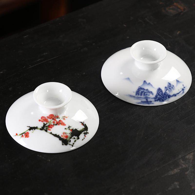 有盖碗茶杯单盖陶瓷三彩茶碗配件家用功夫茶具备用青花瓷