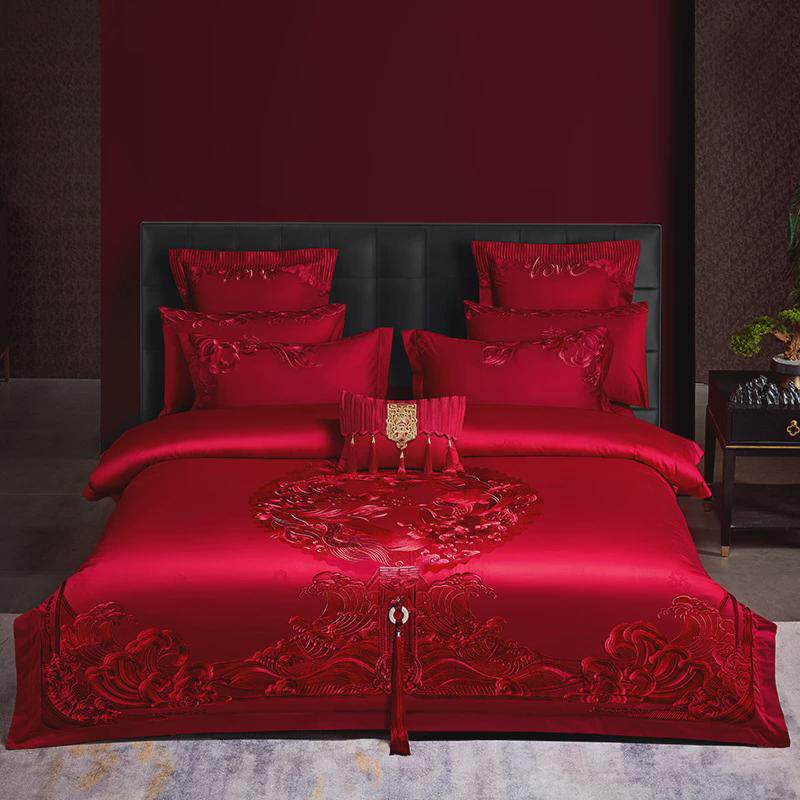 高端婚嫁160六件套长绒棉刺绣婚庆四件套全棉贡缎结婚红色床品支,床上用品,婚庆床品套件,淘宝优惠券,粉丝福利购,淘宝优惠卷