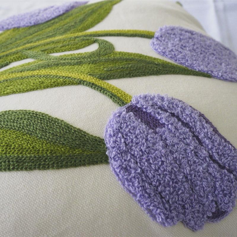 热销热卖帆布刺绣靠垫植物花卉枕头郁金香田园花草方枕美式抱枕套