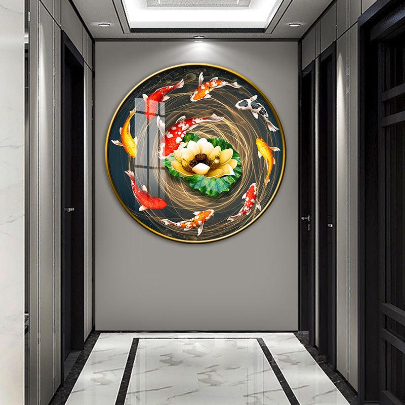 新中式圆形装饰画荷花九鱼图客厅沙发背景墙聚财壁画走廊玄关挂画图片