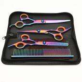 7寸七彩宠物美容剪刀弯剪4件直剪牙剪翘剪钢梳宠物剪毛工具套装