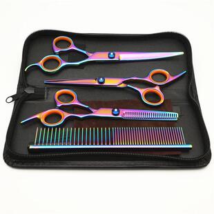 7寸七彩宠物美容剪刀弯剪4件直剪牙剪翘剪钢梳宠物剪毛工具套装
