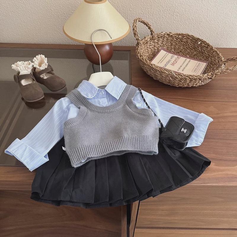 女童套装韩版女宝宝秋季针织马甲背心蓝色条纹衬衫百褶裙三件套装