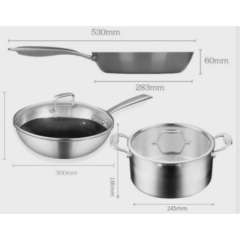 家用304礼品锅具套装炒锅平底锅汤锅煎锅炊具厨具三件套不锈钢