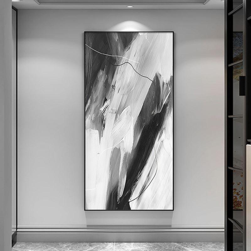 极简入户玄关装饰画抽象高档客厅挂画现代黑白灰走廊过道竖版壁画