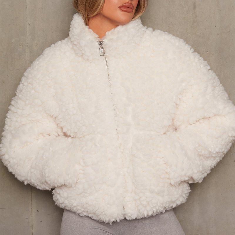 2022 women's ins plush cardigan short jacket lamb coat w
