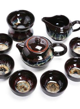 秦艺窑变功夫茶具套装家用天目沙金釉整套陶瓷钧窑侧把泡茶壶茶杯