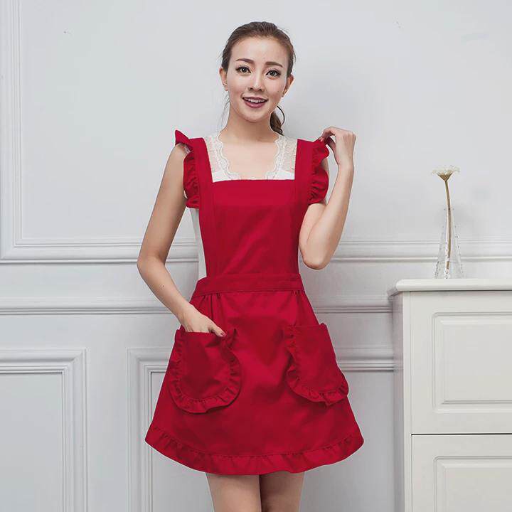 韩版时尚修身显瘦美容甲师新款红色母孕婴店荷叶花边化妆厨房围裙