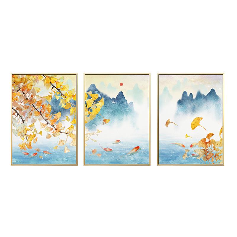 2020年5d钻石画满钻客厅银杏树叶九鱼图三联画点贴钻十字绣砖石画