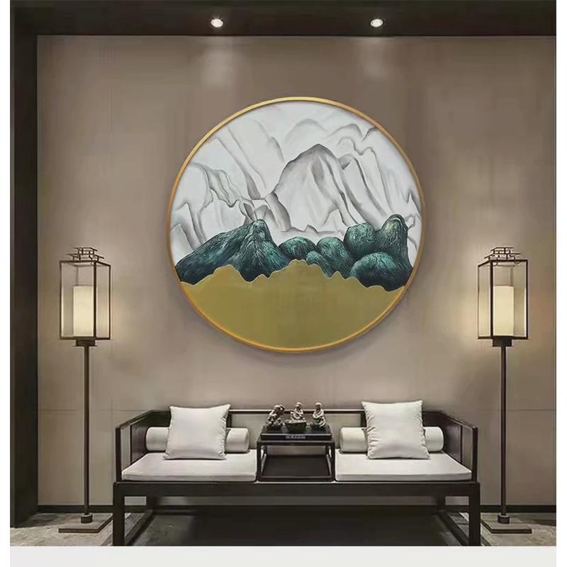 手绘山水装饰壁画新中式客厅沙发背景墙茶室走廊尽头禅意圆形挂画