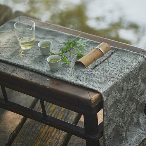 束刻只此青绿手工刺绣茶席垫长款禅意桌旗棉麻布新中式茶台茶布艺