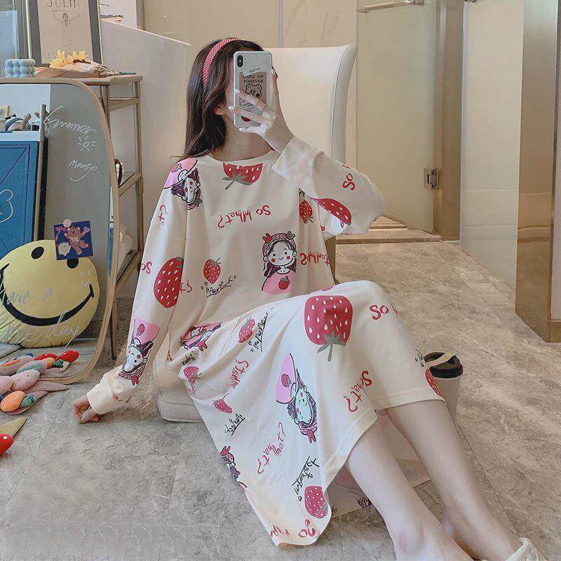 가을 한국식 대형 여성용 긴팔 잠옷 무릎 길이의 여성용 긴팔 잠옷 야외에서도 입을 수 있는 봄 가을 잠옷 여성용 홈웨어