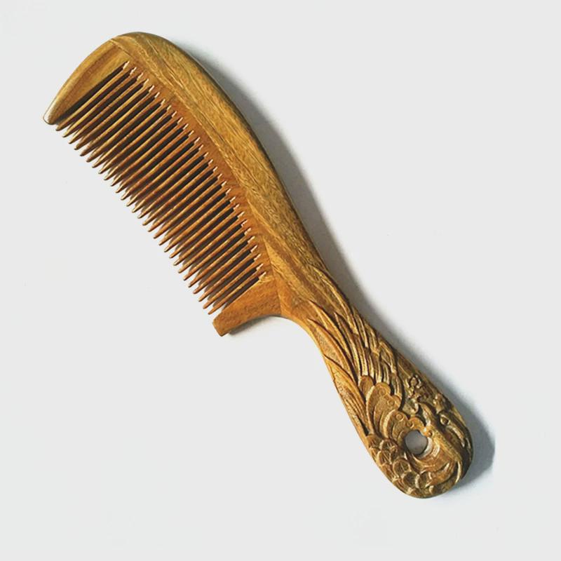 桂林明成绿檀木梳檀木梳手柄雕刻雕花檀香木梳子经络点穴按摩梳子