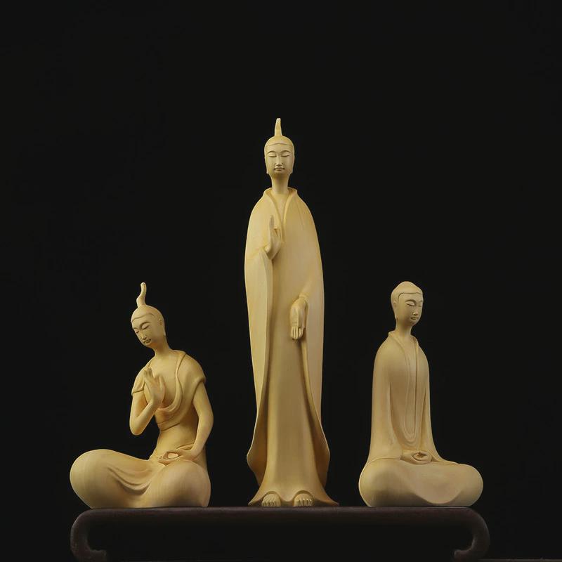 家居古体禅意西方三圣像黄杨木雕玄关装饰摆件北魏工艺品木