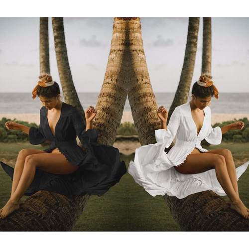 人棉拼蕾丝排扣子沙滩罩衫，防晒沙滩长裙