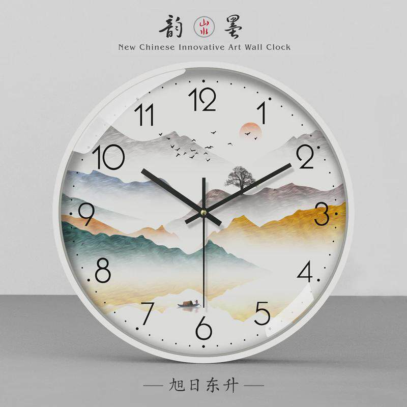 19n挂钟客厅家用时尚新中式钟表海纳百川中国风山水现代挂表静音