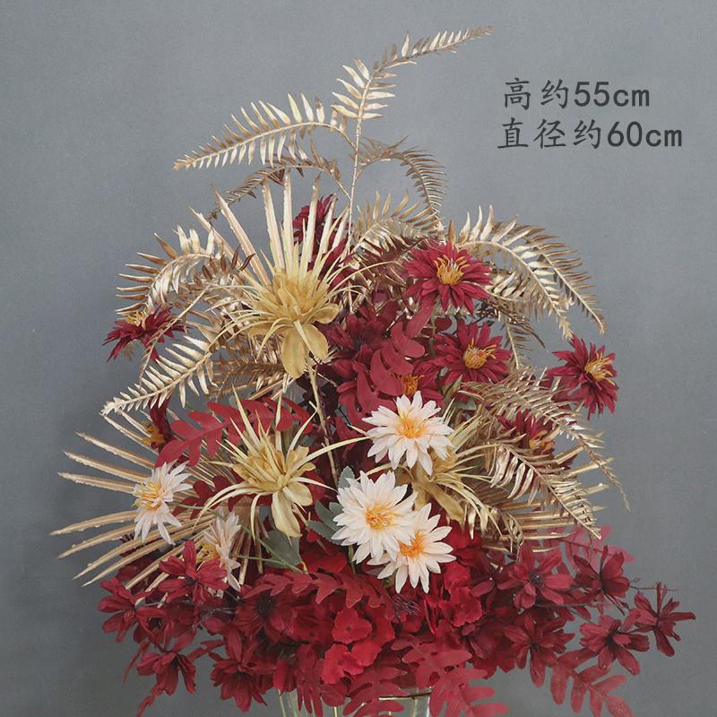 婚庆红色盆花路引花婚礼花艺花球桔中式金色桌花背景装饰花色道具