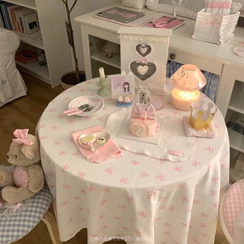 henceforth新品斜纹纱卡纯棉印花桌布蝴蝶结少女心书桌碎花桌垫