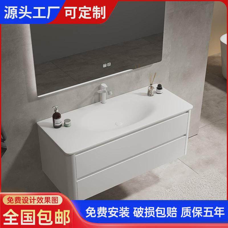 简约风设计师可丽耐一体盆浴室柜组合洗漱台烤漆橡木吊柜洗手台柜