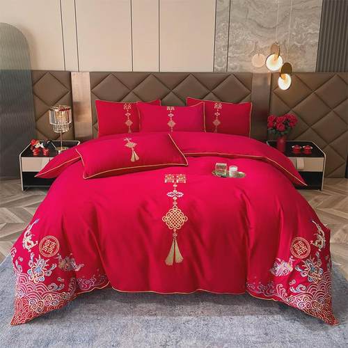 9qxc刺绣婚庆四件套大红新龙凤结婚房陪嫁礼床上用品喜庆被罩床单