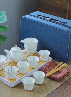 羊脂玉旅行茶具陶瓷盖碗茶壶茶杯白瓷家用简约中式整套便携式套装