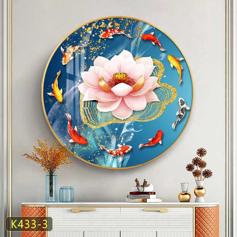 客厅沙发荷花九鱼图新中式圆形装饰画背景墙聚财壁画走廊玄关挂画图片
