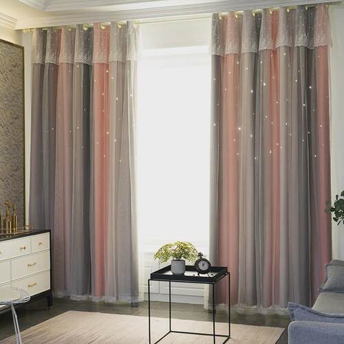 2f儿童房2022年新款双层镂空星星公主风卧室飘窗窗帘遮光窗帘布