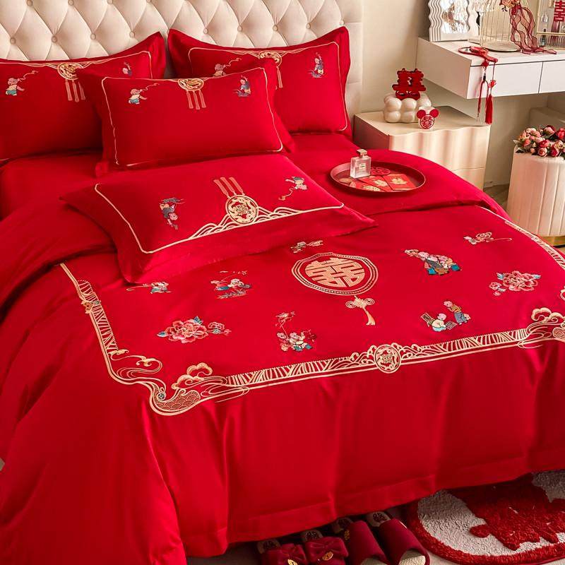 高档中式百子图结婚四件套大红色床单被套纯棉新婚庆床上用品婚房,床上用品,婚庆床品套件,淘宝优惠券,粉丝福利购,淘宝优惠卷