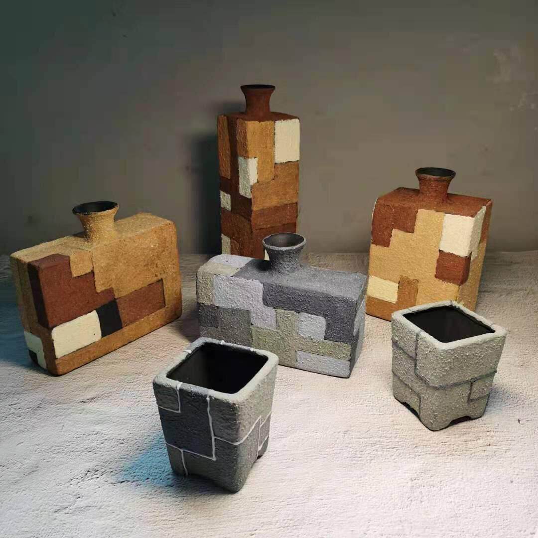 花瓶花盆岩石插花粗陶定制旭哥手作方形方器