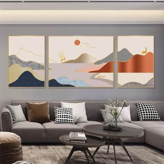 背靠金山壁画新中式山水画客厅装饰画沙发背景画风景挂画组合三联