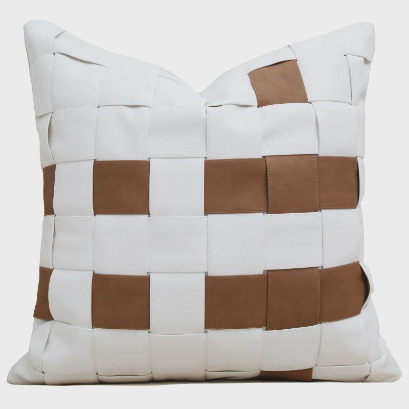 现代样板房棕色PU皮编织抱枕高级感沙发背靠垫软装设计师床头方枕