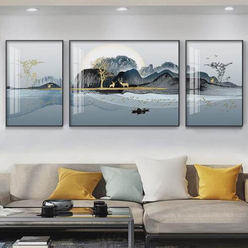 现代客厅装饰画沙发背景墙壁画轻奢简约大气晶瓷画餐厅挂画三联画