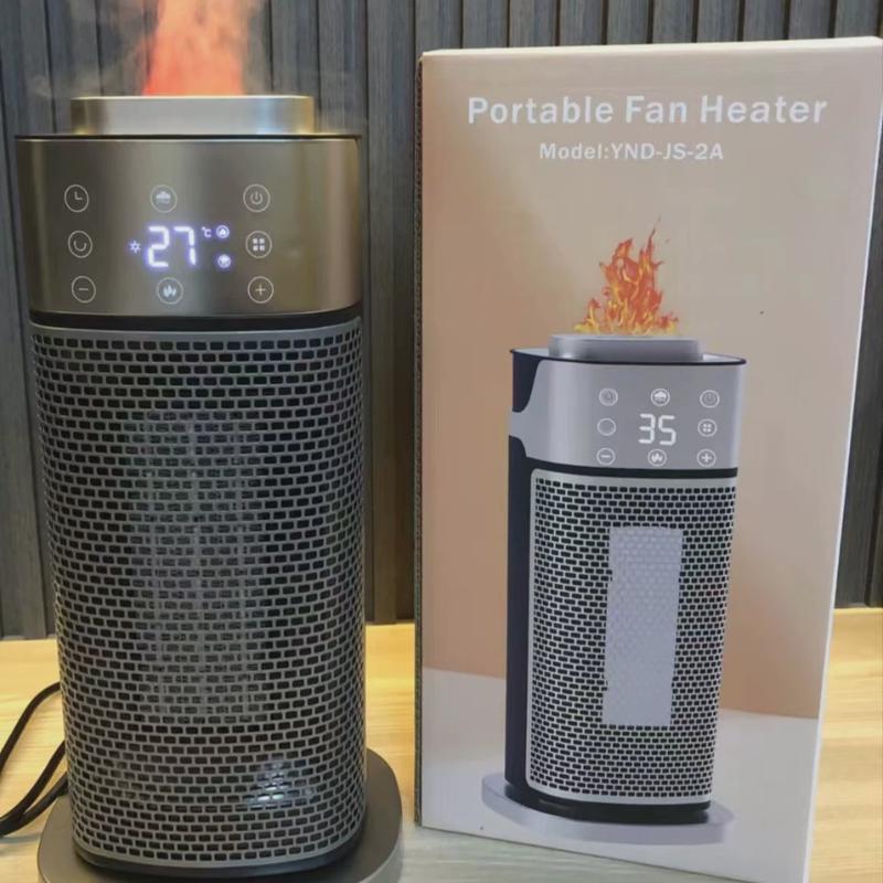 新款跨境暖风机3D火焰加湿取暖器立式摇头遥控速热PTC电暖器工厂