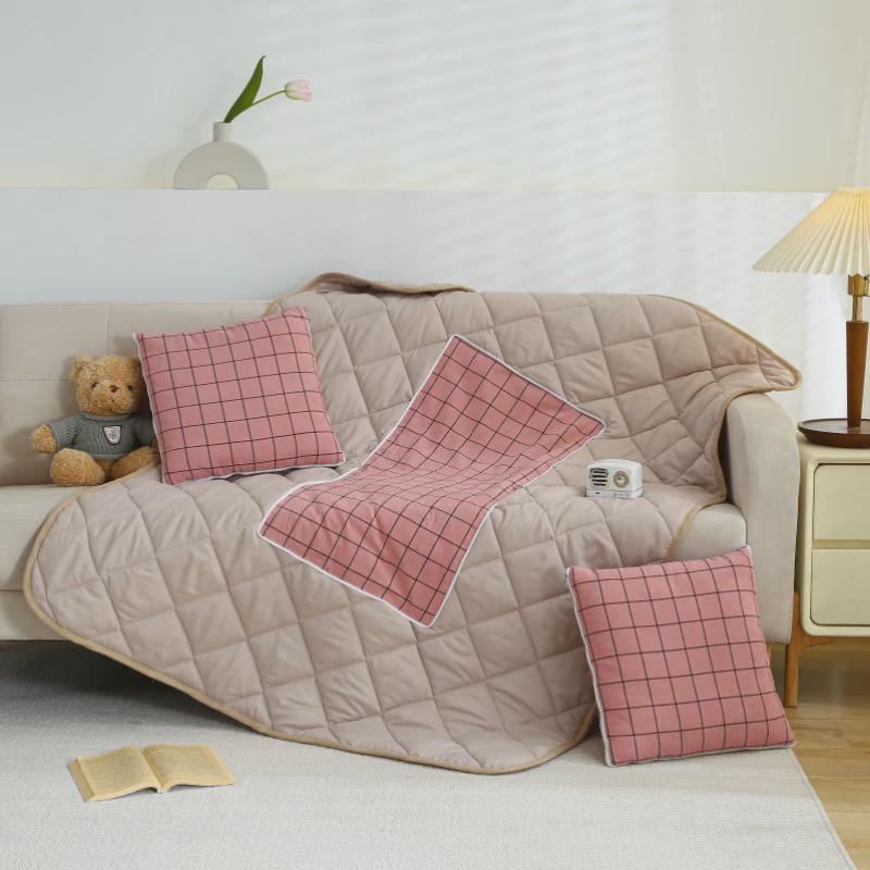 简约全棉条纹格子抱枕被水洗棉小被子两用沙发靠枕午睡盖毯空调毯