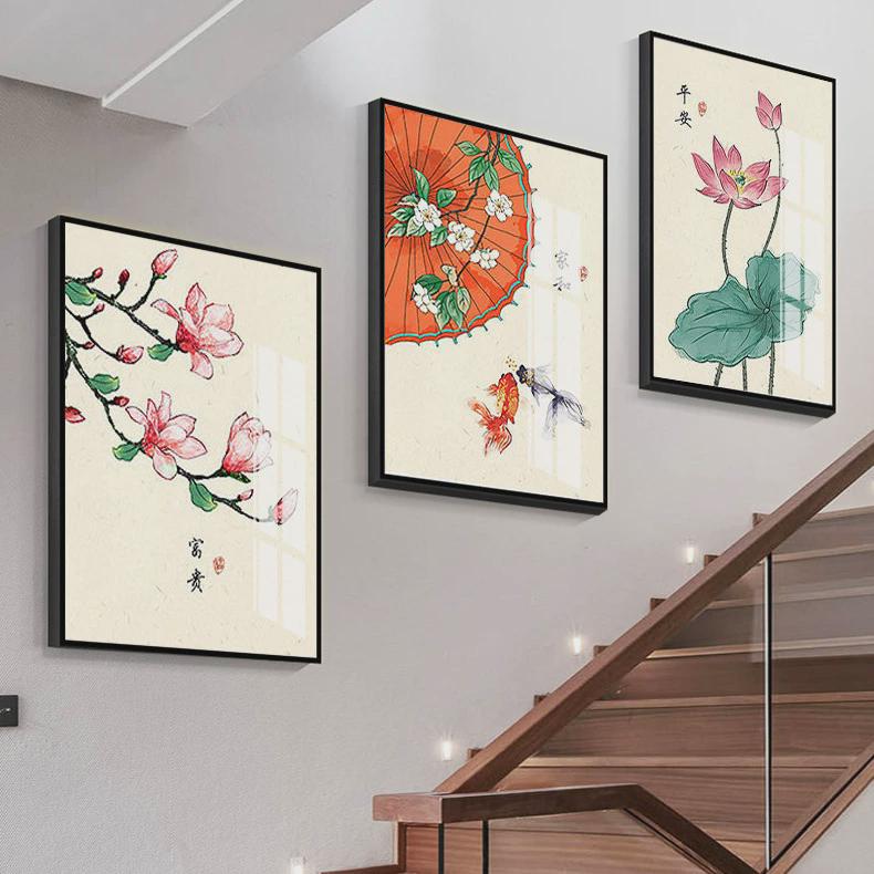 别墅客厅沙发口间挂画新中式走廊楼道装饰画复式楼梯墙壁画三联画