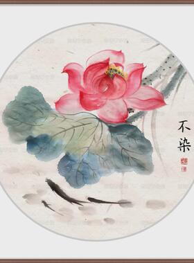 国画花鸟圆形卡纸水墨荷花客厅两联画现代简约客餐厅入户玄关挂画