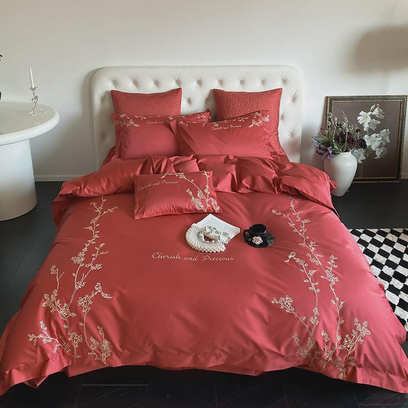 新中式长绒棉四件套120s贡缎婚庆花鸟刺绣全棉结婚款被套床上用品