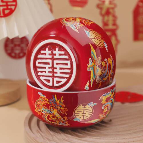 结婚龙凤杯子套装敬茶喜碗婚礼女方陪嫁用品大全高级感中式碗筷勺