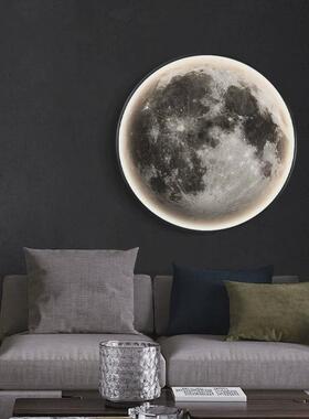 灰色月球圆形风led发光灯画轻奢玄关装饰画床头挂画走廊尽头壁画