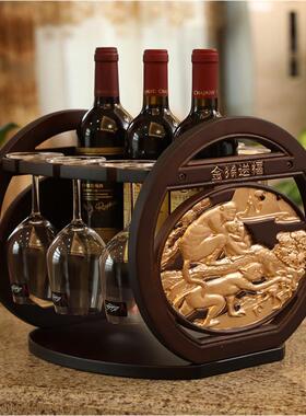实木精雕架中式酒架挂杯架家用红酒瓶工艺欧式客厅现代仿古摆件