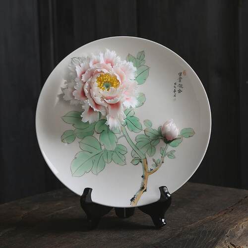 手绘陶瓷牡丹花挂盘摆件客厅装饰品简约小清新新中式乔迁开业礼品