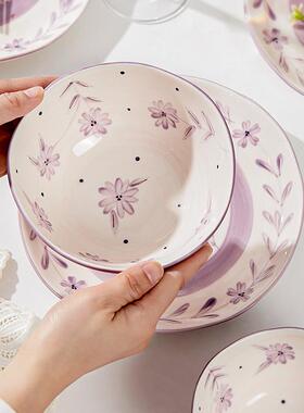 63n好看的陶瓷米饭碗家用5碗吃饭的寸清新餐具盘子碗套装ins紫色