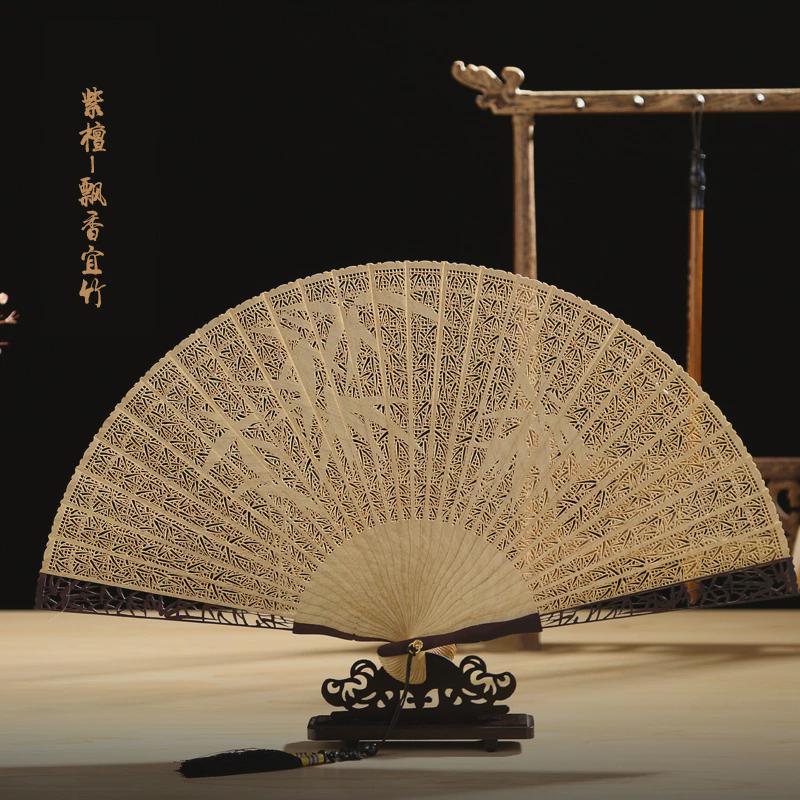 h4ke中国风7寸扇子乌木折扇檀香紫檀香木扇出国礼品扇镂空